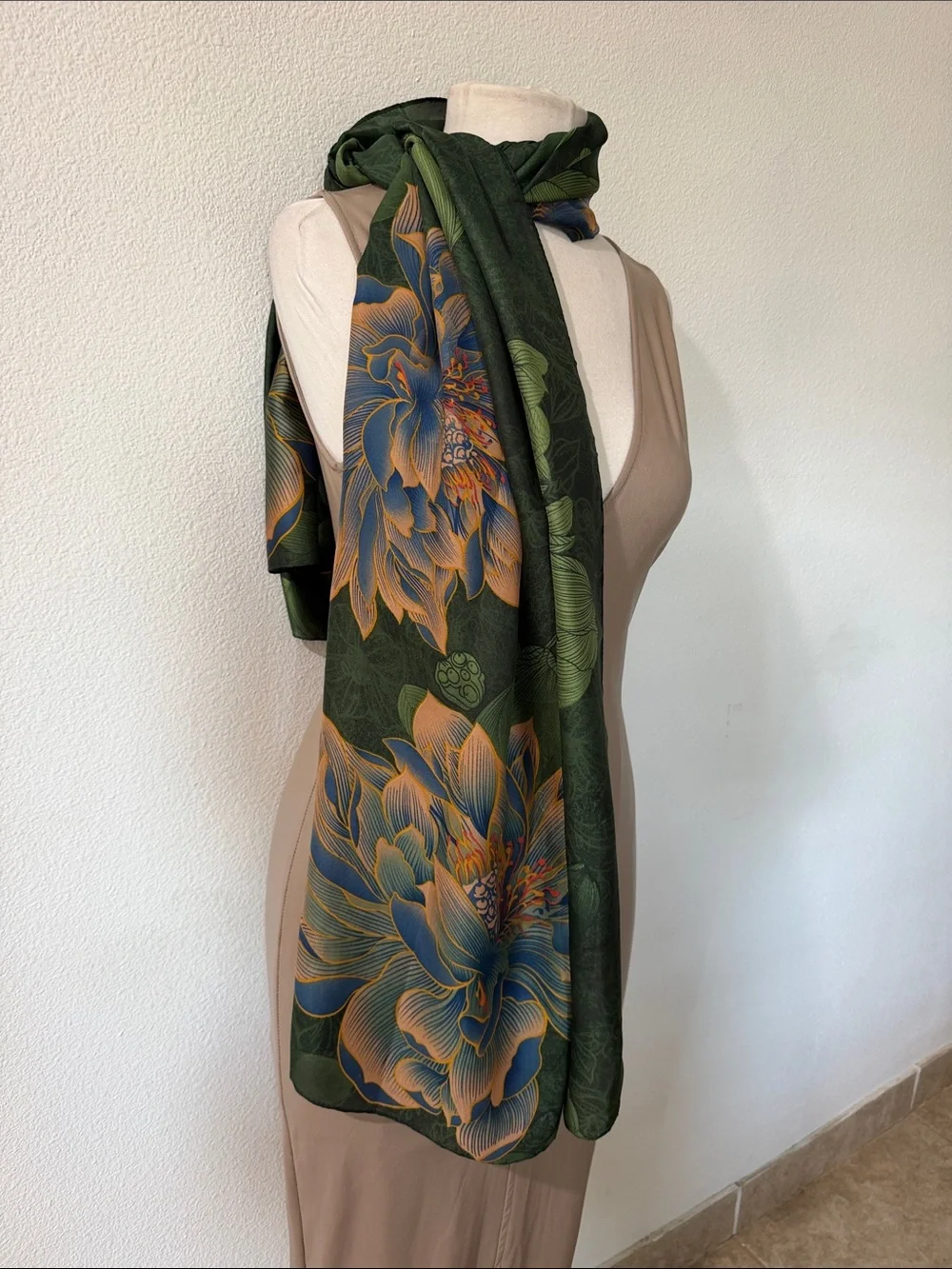 Green Floral Silk-Feel Scarf - Elegant Women’s Accessory